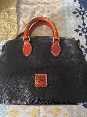 VintageDooney & Bourke Black Pebbled Leather Satchel with Brown Trim and Handles